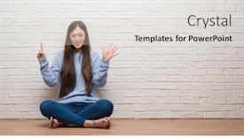  Presentation with brick wall - Theme with young chinese woman sitting on the floor over brick wall showing and pointing up with fingers number six while smiling confident and happy background and a white colored foreground