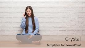  Presentation with standing sitting - PPT theme featuring young chinese woman sitting on the floor over brick wall with a happy face standing and smiling with a confident smile showing teeth background and a soft green colored foreground
