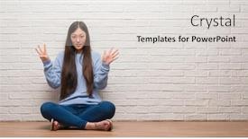  Presentation with eight - Slide set consisting of young chinese woman sitting on the floor over brick wall showing and pointing up with fingers number eight while smiling confident and happy background and a light gray colored foreground