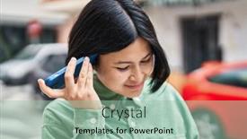  Presentation with listening woman - Presentation theme with young-chinese-woman-smiling-confident background and a mint green colored foreground