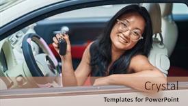  Presentation with car key - Presentation design consisting of young-chinese-woman-smiling-confident background and a coral colored foreground