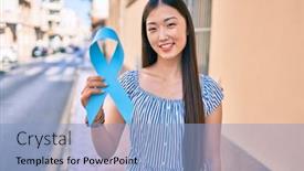  Presentation with city street - Presentation theme having young-chinese-woman-smiling-happy background and a light blue colored foreground