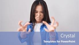  Presentation with yelling - Slide set consisting of young-chinese-woman-standing-over background and a teal colored foreground