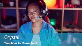  Presentation with streamer - Presentation theme having young-chinese-woman-streamer-sitting background and a teal colored foreground