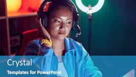  Presentation with gaming - Presentation enhanced with young-chinese-woman-streamer-sitting background and a teal colored foreground