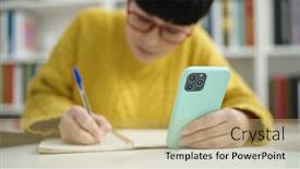  Presentation with student-writing - PPT theme having young-chinese-woman-student-using background and a yellow colored foreground