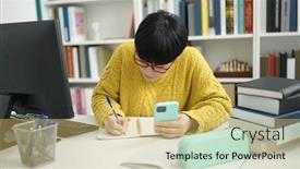  Presentation with student writing - PPT layouts enhanced with young-chinese-woman-student-using background and a yellow colored foreground