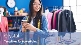  Presentation with clothing factory - Presentation design with young-chinese-woman-tailor-smiling background and a teal colored foreground