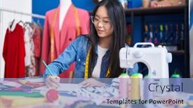  Presentation with clothing factory - Presentation enhanced with young-chinese-woman-tailor-smiling background and a light blue colored foreground
