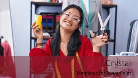  Presentation with thread - PPT layouts with young-chinese-woman-tailor-smiling background and a crimson colored foreground