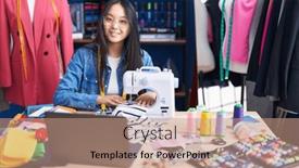  Presentation with factory machine - Slides featuring young-chinese-woman-tailor-using background and a coral colored foreground