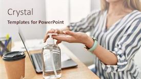  Presentation with hand sanitizer - Slide deck having young-chinese-woman-using-hand background and a sky blue colored foreground