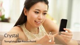  Presentation with mobile home - Presentation theme featuring young chinese woman using mobile background and a coral colored foreground