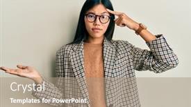  Presentation with think - Beautiful PPT theme featuring young-chinese-woman-wearing-business backdrop and a coral colored foreground