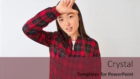  Presentation with casual young people - Cool new slide deck with young chinese woman wearing casual jacket standing over isolated white background making fun of people with fingers on forehead doing loser gesture mocking and insulting backdrop and a tawny brown colored foreground