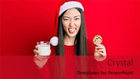  Presentation with cookies christmas - PPT theme with young-chinese-woman-wearing-christmas background and a crimson colored foreground