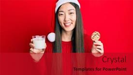 Presentation with cookies christmas - Colorful PPT theme enhanced with young-chinese-woman-wearing-christmas backdrop and a crimson colored foreground