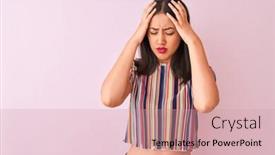  Presentation with colorful hands - Colorful slide deck enhanced with young chinese woman wearing colorful striped t-shirt standing over isolated pink background suffering from headache desperate and stressed because pain and migraine hands on head backdrop and a coral colored foreground