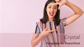  Presentation with colorful hands - Slide deck enhanced with young chinese woman wearing colorful striped t-shirt standing over isolated pink background smiling making frame with hands and fingers with happy face creativity and photography concept background and a coral colored foreground