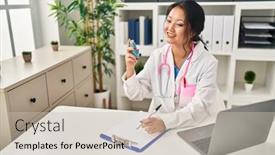  Presentation with inhaler - PPT theme having young-chinese-woman-wearing-doctor background and a soft green colored foreground