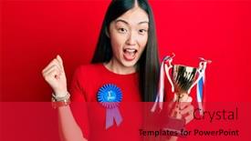  Presentation with trophy - PPT theme featuring young-chinese-woman-wearing-first background and a crimson colored foreground