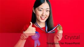  Presentation with medal - Slides enhanced with young-chinese-woman-wearing-first background and a crimson colored foreground