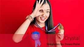  Presentation with first - Colorful presentation design enhanced with young-chinese-woman-wearing-first backdrop and a crimson colored foreground