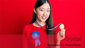  Presentation with medal - Slide deck having young-chinese-woman-wearing-first background and a crimson colored foreground