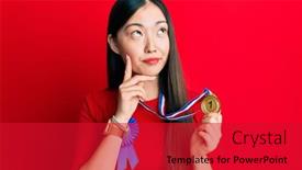  Presentation with medal - Presentation design having young-chinese-woman-wearing-first background and a crimson colored foreground