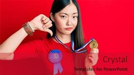  Presentation with medal - Beautiful presentation design featuring young-chinese-woman-wearing-first backdrop and a crimson colored foreground
