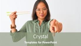  Presentation with chopsticks - Cool new PPT theme with young chinese woman wearing glasses holding chopsticks over isolated white background pointing with finger to the camera and to you hand sign positive and confident gesture from the front backdrop and a gray colored foreground