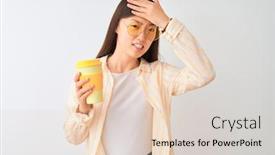  Presentation with coffe - Presentation theme featuring young chinese woman wearing glasses drinking coffe over isolated white background stressed with hand on head shocked with shame and surprise face angry and frustrated fear and upset for mistake background and a lemonade colored foreground