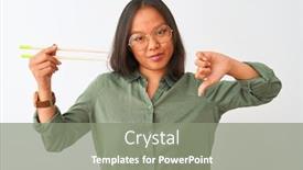  Presentation with chopsticks - Colorful presentation enhanced with young chinese woman wearing glasses holding chopsticks over isolated white background with angry face negative sign showing dislike with thumbs down rejection concept backdrop and a gray colored foreground