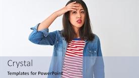  Presentation with denim - PPT theme enhanced with young chinese woman wearing striped t-shirt and denim shirt over isolated white background worried and stressed about a problem with hand on forehead nervous and anxious for crisis background and a light blue colored foreground
