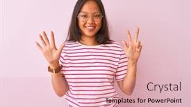  Presentation with eight - Slide set having young chinese woman wearing striped t-shirt and glasses over isolated pink background showing and pointing up with fingers number eight while smiling confident and happy background and a lemonade colored foreground