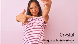  Presentation with frame pink - Theme having young chinese woman wearing striped t-shirt and glasses over isolated pink background smiling making frame with hands and fingers with happy face creativity and photography concept background and a lemonade colored foreground