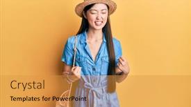  Presentation with summer celebration - Colorful presentation theme enhanced with young-chinese-woman-wearing-summer backdrop and a gold colored foreground