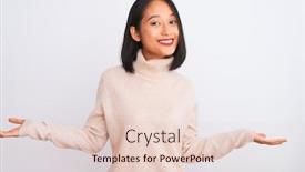  Presentation with woman hands open - PPT layouts featuring young-chinese-woman-wearing-turtleneck background and a lemonade colored foreground