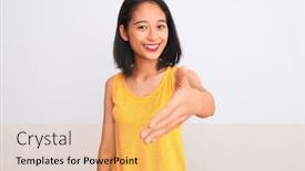  Presentation with business casual - Audience pleasing presentation theme consisting of young chinese woman wearing yellow casual t-shirt standing over isolated white background smiling friendly offering handshake as greeting and welcoming successful business backdrop and a yellow colored foreground