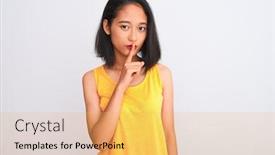  Presentation with chinese chinese - Amazing presentation design having young chinese woman wearing yellow casual t-shirt standing over isolated white background asking to be quiet with finger on lips silence and secret concept backdrop and a yellow colored foreground