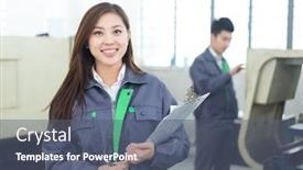  Presentation with manufacturing - Presentation consisting of young chinese woman works in motor manufacturing factory background and a ocean colored foreground