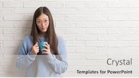  Presentation with white brick wall - Slide deck featuring young chinise woman drinking a cup of coffee over white brick wall with a confident expression on smart face thinking serious background and a white colored foreground