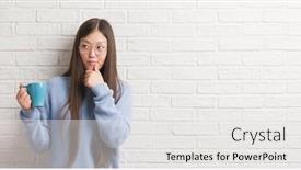  Presentation with white brick wall - Audience pleasing PPT theme consisting of young chinise woman drinking a cup of coffee over white brick wall serious face thinking about question very confused idea backdrop and a white colored foreground