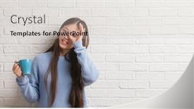  Presentation with white brick wall - Cool new theme with young chinise woman drinking a cup of coffee over white brick wall with happy face smiling doing ok sign with hand on eye looking through fingers backdrop and a soft green colored foreground