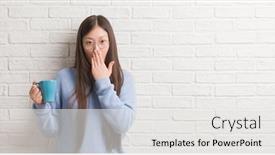  Presentation with white brick wall - Cool new PPT theme with young chinise woman drinking a cup of coffee over white brick wall cover mouth with hand shocked with shame for mistake expression of fear scared in silence secret concept backdrop and a white colored foreground