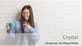  Presentation with white brick - Colorful PPT layouts enhanced with young chinise woman drinking a cup of coffee over white brick wall very happy pointing with hand and finger backdrop and a white colored foreground