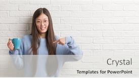  Presentation with white brick wall - Slide set enhanced with young chinise woman drinking background and a white colored foreground