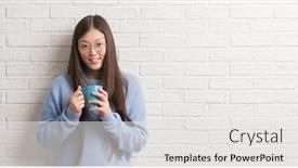  Presentation with white brick - PPT theme featuring young chinise woman drinking a cup of coffee over white brick wall with a happy face standing and smiling with a confident smile showing teeth background and a white colored foreground