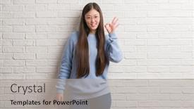  Presentation with white brick - Slide deck featuring young chinise woman over white background and a light gray colored foreground