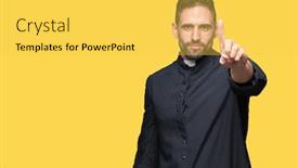  Presentation with christian - Cool new PPT layouts with young christian priest over isolated background pointing with finger up and angry expression backdrop and a yellow colored foreground